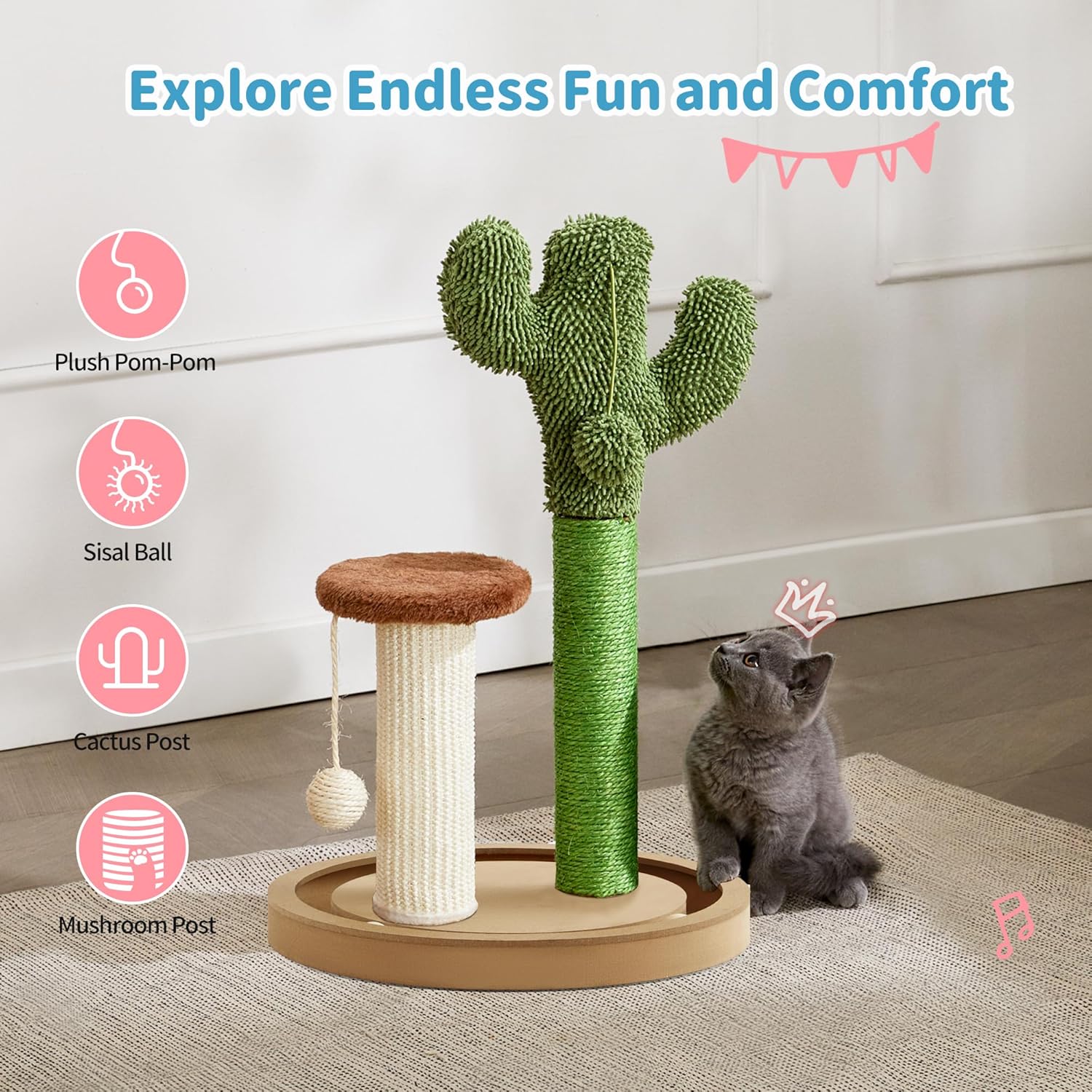 Cat Scratching Post, 21.7" Cactus Kitten Scratcher for Indoor Cats, Mushroom Cute Cat Tree with Sisal Scratch Post