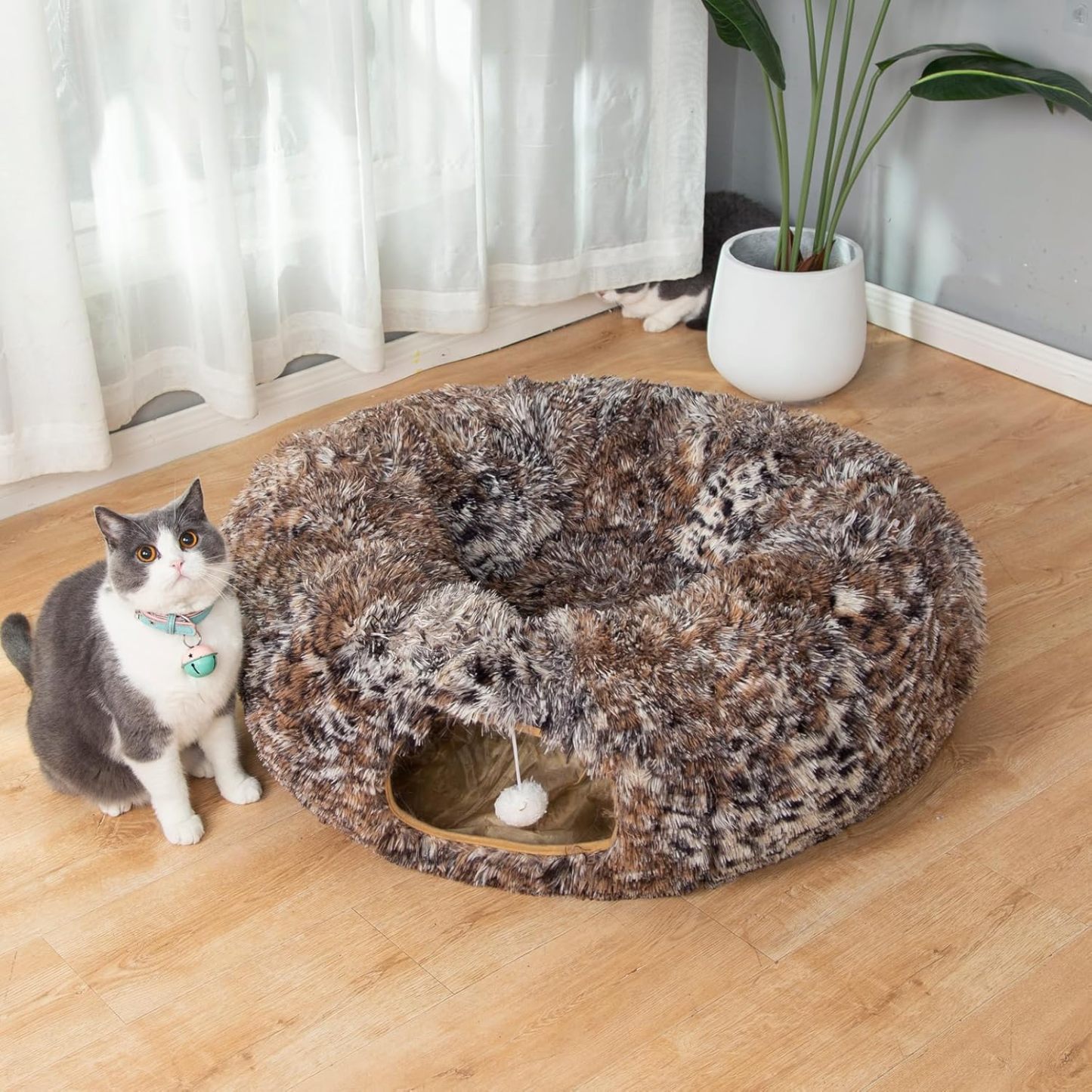 Warm Fluffy Plush Cat Dog Tunnel Bed with Washable Cushion- Big Tube Playground Toys 3 FT Diameter Collapsible, for Indoor Cat Kitty Kitten Puppy Rabbit Ferret Leopard Print