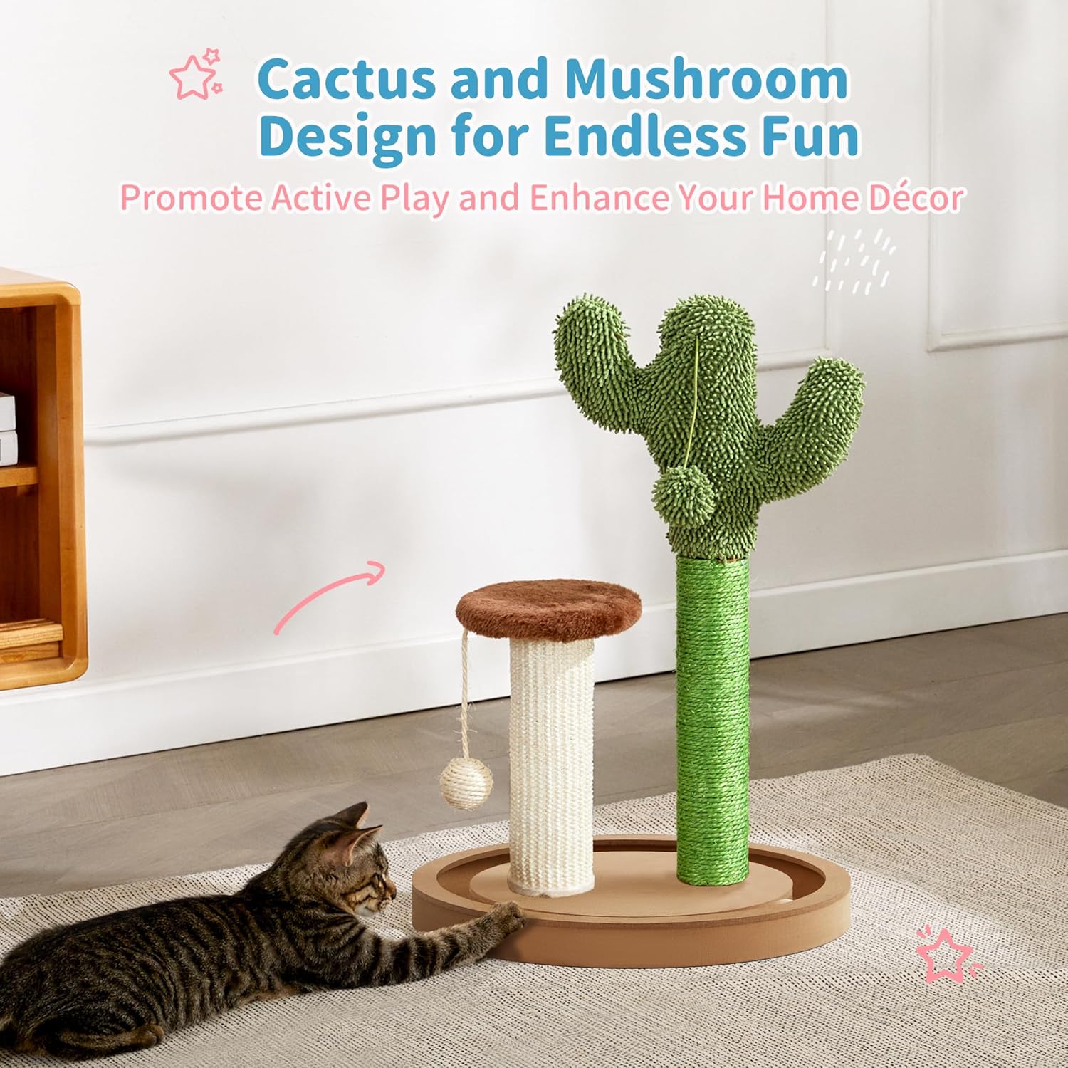 Cat Scratching Post, 21.7" Cactus Kitten Scratcher for Indoor Cats, Mushroom Cute Cat Tree with Sisal Scratch Post
