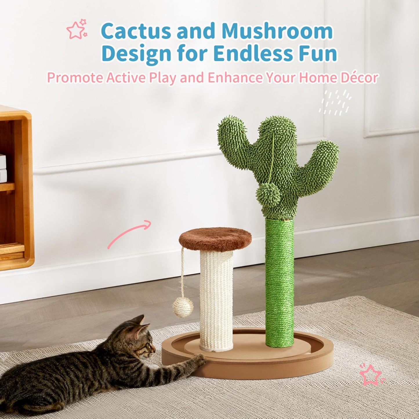 Cat Scratching Post, 21.7" Cactus Kitten Scratcher for Indoor Cats, Mushroom Cute Cat Tree with Sisal Scratch Post