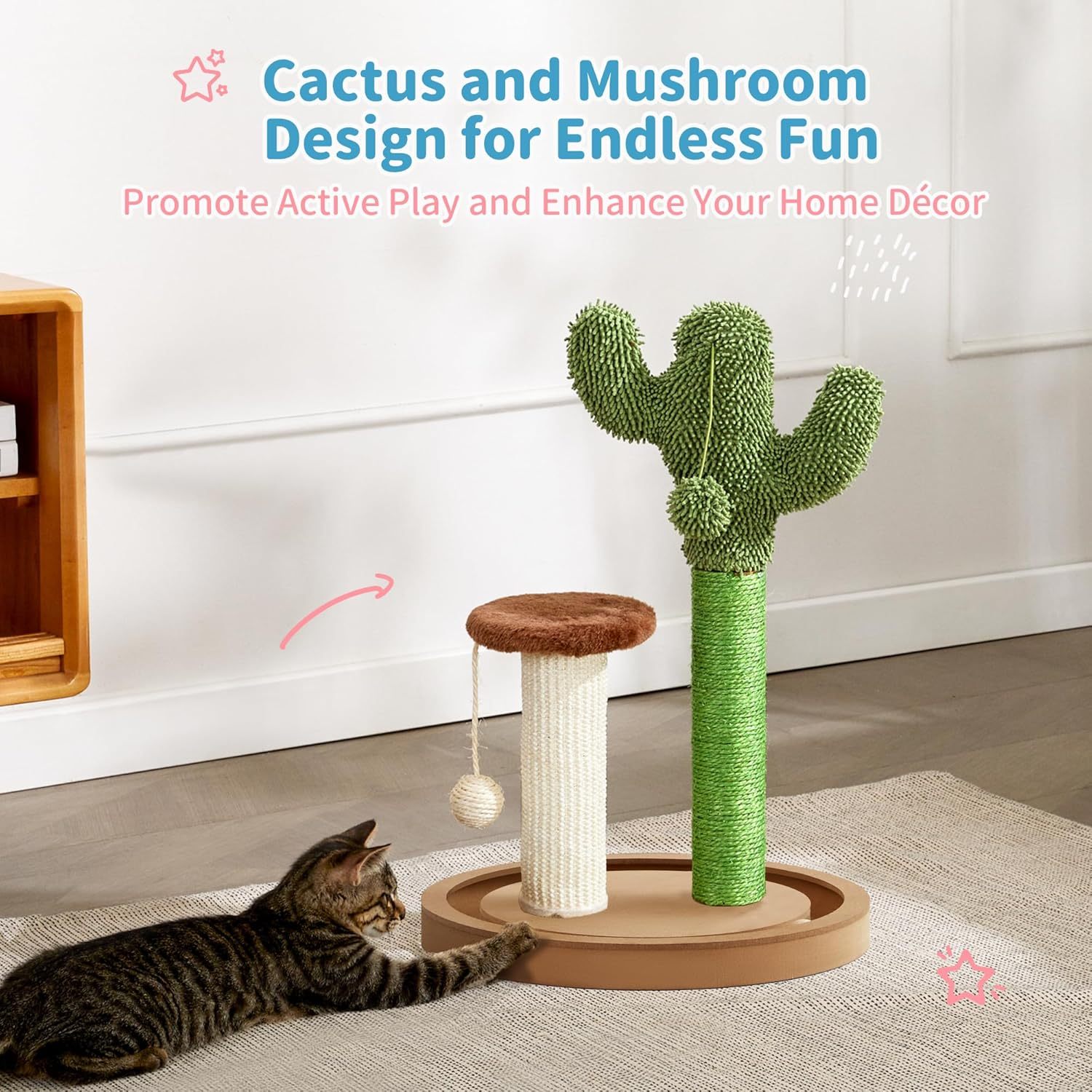 Cat Scratching Post, 21.7" Cactus Kitten Scratcher for Indoor Cats, Mushroom Cute Cat Tree with Sisal Scratch Post