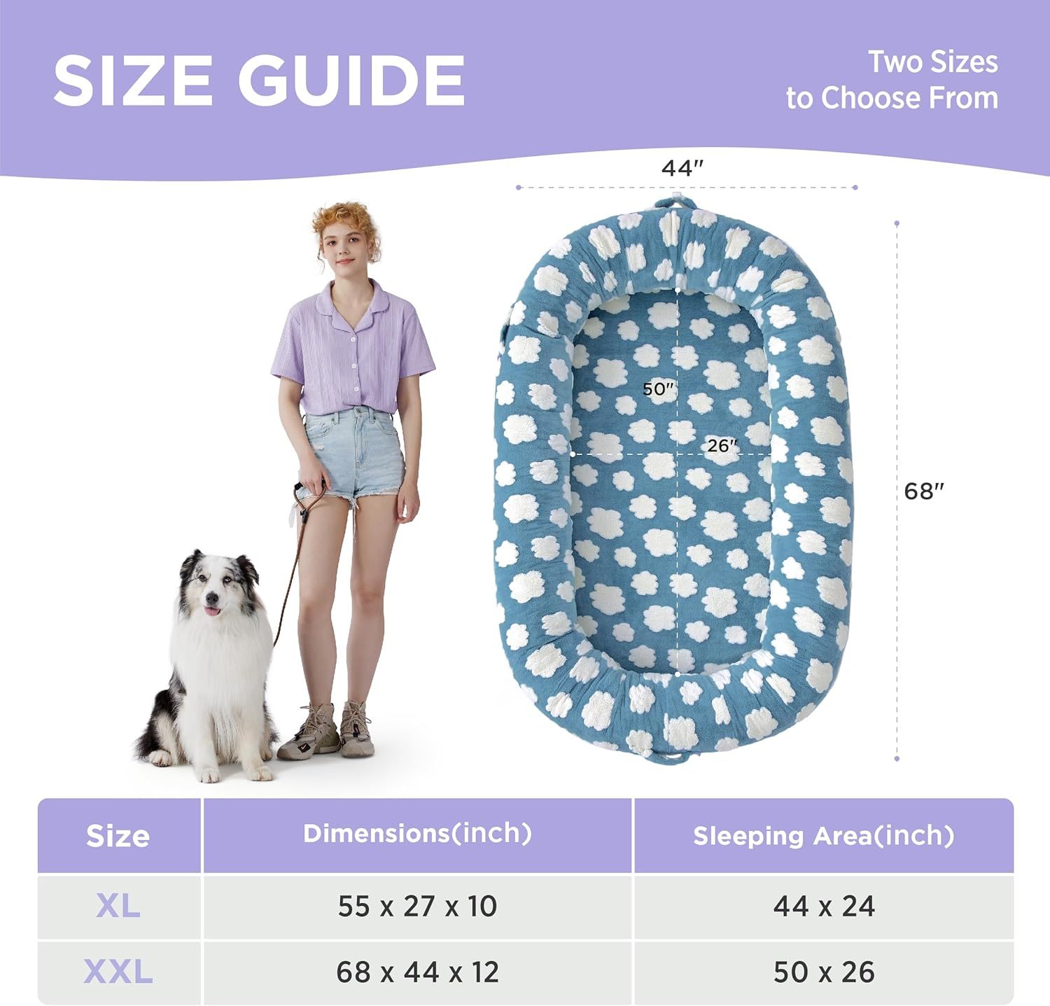 Human Dog Bed for Adult - Calming Human Size Dog Bed with Egg Foam Supportive Mat and Storage Pocket, Cute Modern Pet Beds with Jacquard Shaggy Plush & Anti Slip Bottom 68x44x12, Blue