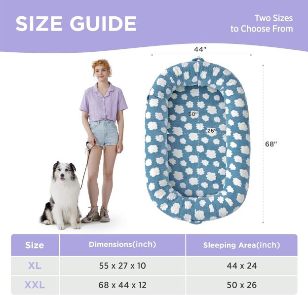 Human Dog Bed for Adult - Calming Human Size Dog Bed with Egg Foam Supportive Mat and Storage Pocket, Cute Modern Pet Beds with Jacquard Shaggy Plush & Anti Slip Bottom 68x44x12, Blue