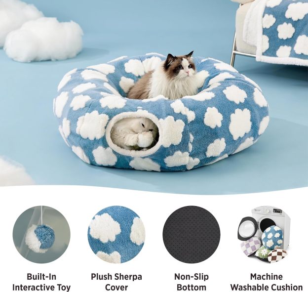 Cat Tunnel Bed for Indoor Cats - Cute Cat Donut Tunnel with Washable Circle Cushion, Round Pet Play Tunnel, 33.5"L x 33.5"W x 10"Th