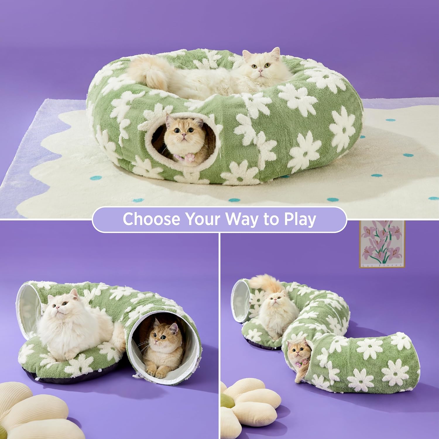 Cat Tunnel Bed for Indoor Cats - Cute Cat Donut Tunnel with Washable Circle Cushion, Round Pet Play Tunnel Toy for Kitten/Puppy/Rabbit,Green