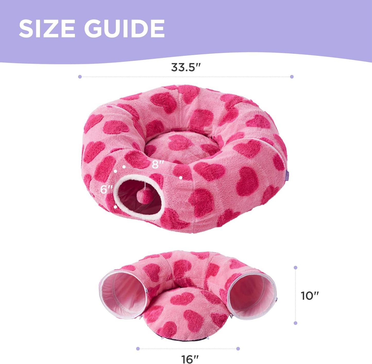 Cat Tunnel Bed for Indoor Cats - Cute Cat Donut Tunnel with Washable Circle Cushion, Round Pet Play Tunnel Toy for Kitten/Puppy/Rabbit, Pink Hearts
