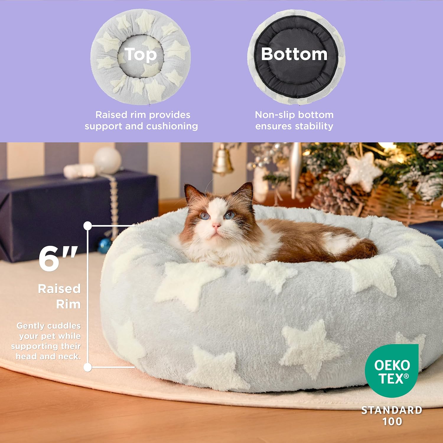 Donut Small Dog Bed - Round Cat Beds for Indoor Cats Anti-Anxiety Calming Pet Beds, Washable Cute Modern Beds with Teddy Sherpa Plush & Anti Slip Bottom, 20 Inch, Galaxy Grey