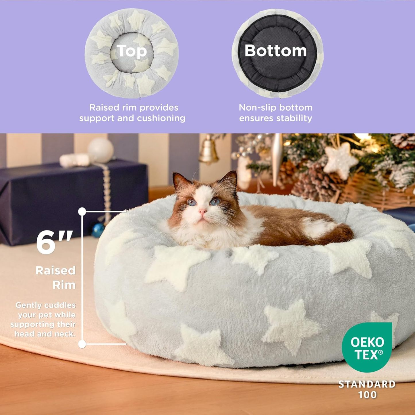 Donut Small Dog Bed - Round Cat Beds for Indoor Cats Anti-Anxiety Calming Pet Beds, Washable Cute Modern Beds with Teddy Sherpa Plush & Anti Slip Bottom, 20 Inch, Galaxy Grey