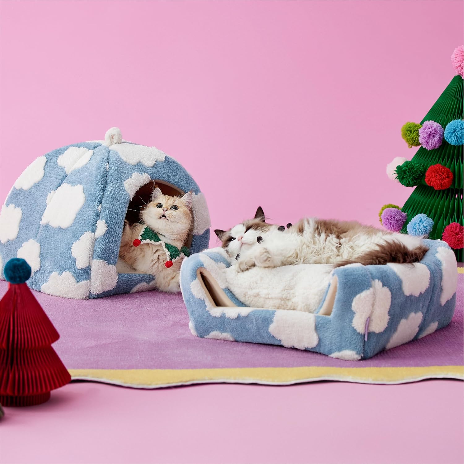 Cute Cat Beds for Indoor Cats - 2 in 1 Cat Cave Bed for Kittens and Small Pets, Cat House with Removable Washable Cushioned Pillow, Cozy Cat Tent House with Non-Slip Bottom, Blue, 16 inches