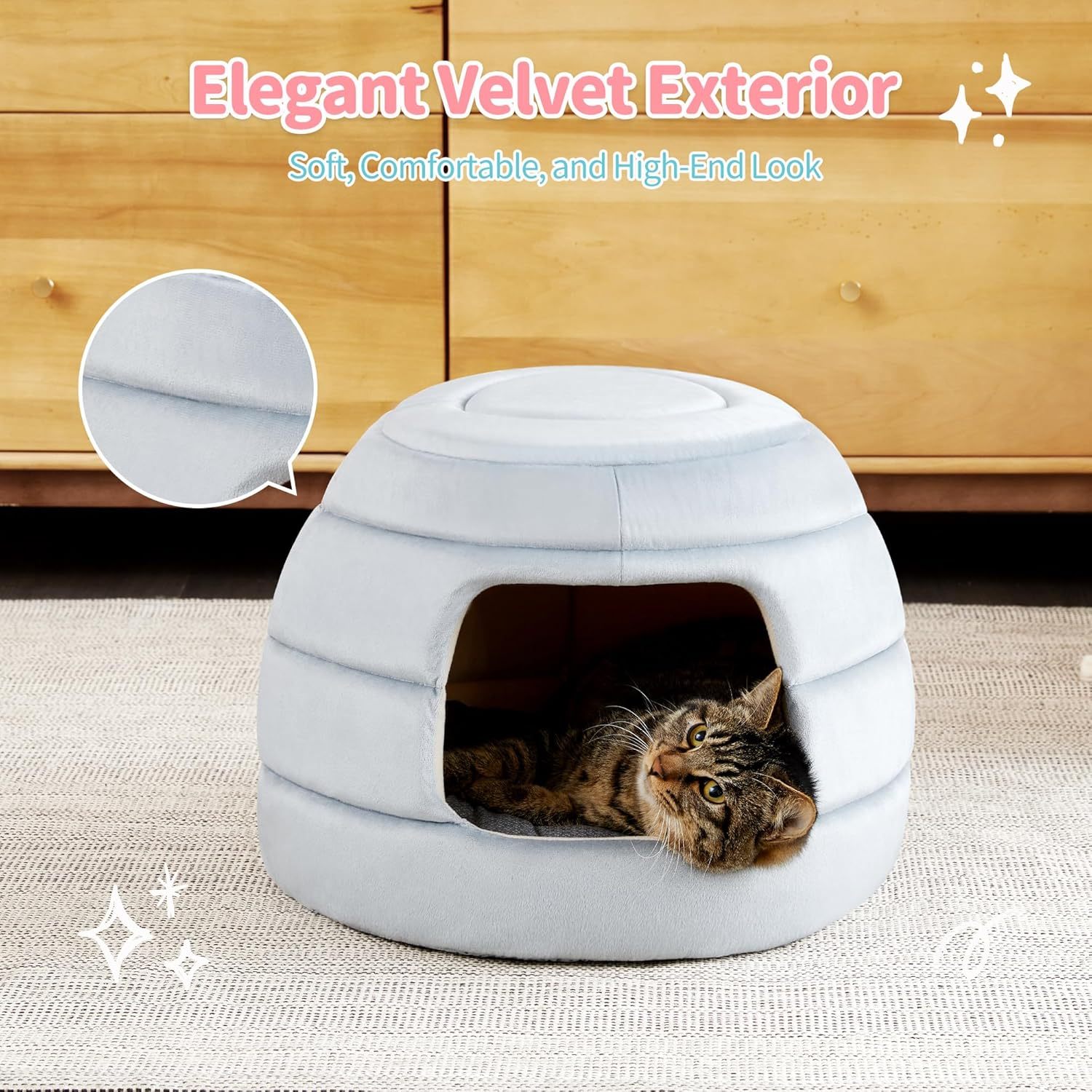 Cat Bed and House, 2-in-1 Foldable Cat Houses for Indoor Cats, Soft Velvet Cat Cave, Removable and Washable Cushion