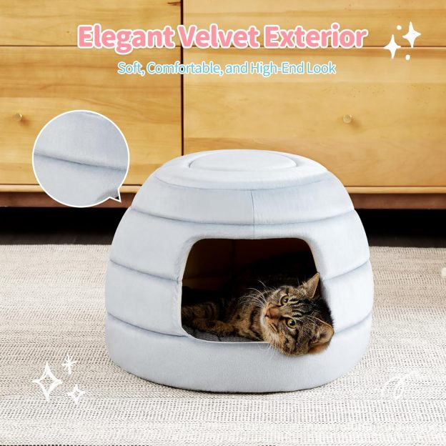 Cat Bed and House, 2-in-1 Foldable Cat Houses for Indoor Cats, Soft Velvet Cat Cave, Removable and Washable Cushion