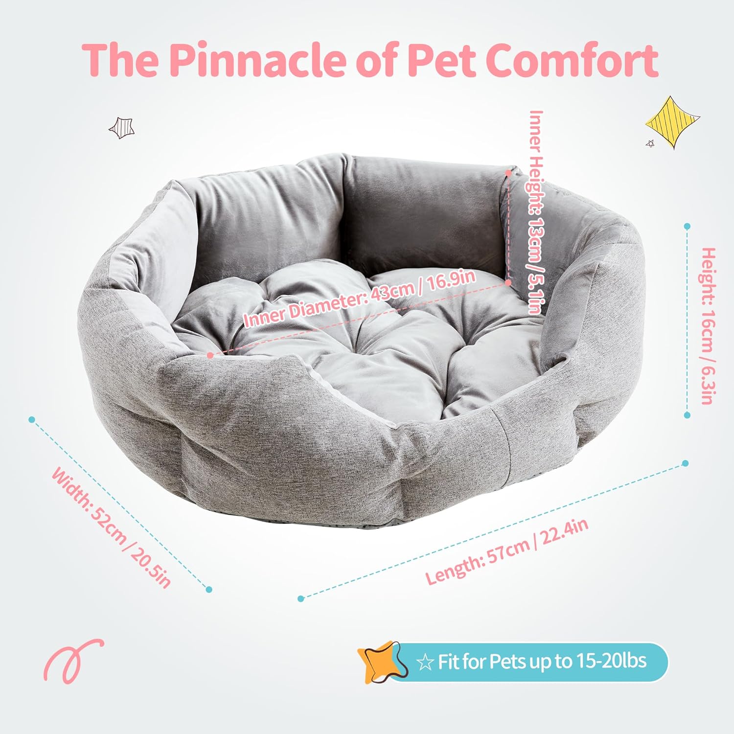 Cat Beds for Indoor Cats - Dog Beds for Small Dogs, Round Pet Bed for Puppy and Kitten, Washable Dog Bed with Anti-Slip Bottom, 22.44"L x 20.47"W x 6.3"Th