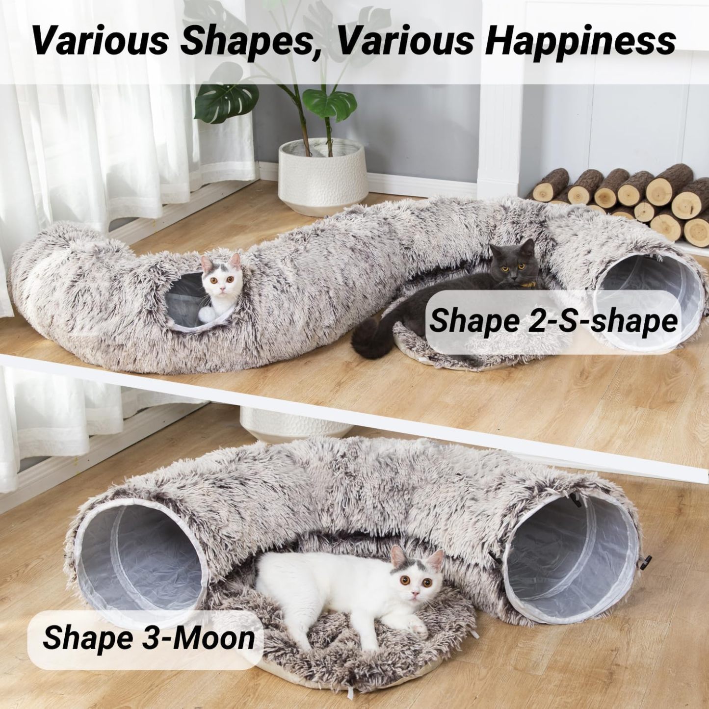 Warm Fluffy Plush Cat Dog Tunnel Bed with Washable Cushion-Big Tube Playground Toys 3 FT Diameter Longer Crinkle Collapsible 3 Way, for Indoor Cat Kitty Kitten Puppy Rabbit Ferret Brown