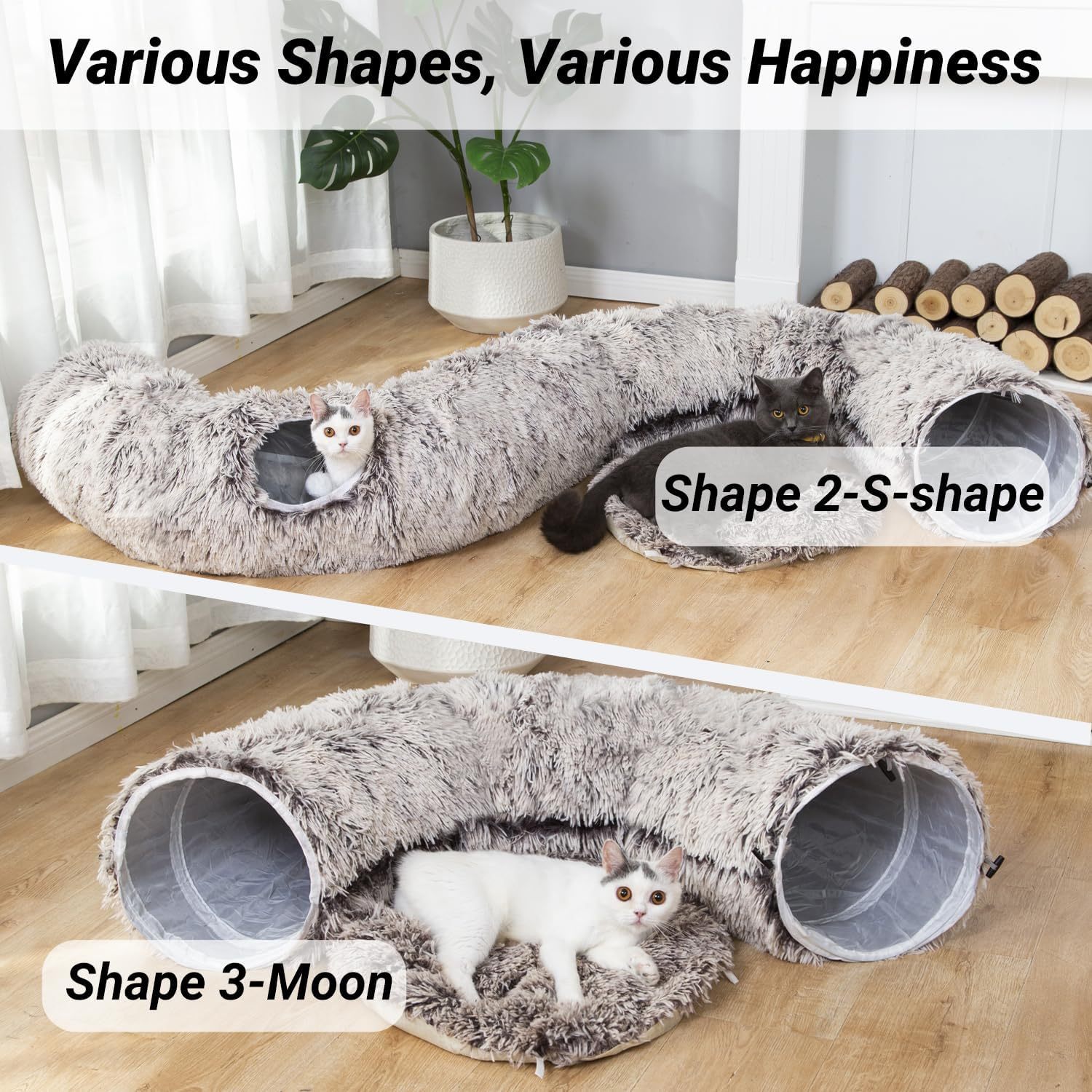 Warm Fluffy Plush Cat Dog Tunnel Bed with Washable Cushion-Big Tube Playground Toys 3 FT Diameter Longer Crinkle Collapsible 3 Way, for Indoor Cat Kitty Kitten Puppy Rabbit Ferret Brown