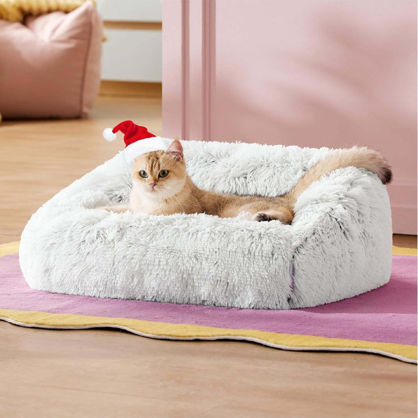 Cute Cat Couch Bed - Furry Indoor Cat Sofa Large, Washable Calming Small Dog Beds for Puppy with Fashion Design, 26x21x9inches, Gery