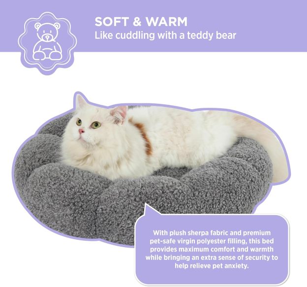 Calming Cat Beds for Indoor Cats - Cute Flower Pet Beds in Teddy Sherpa Plush, Donut Round Fluffy Puppy Bed, Non-Slip Extra Small Dog Bed Fits up to 15 lbs, Machine Washable, Grey 20"