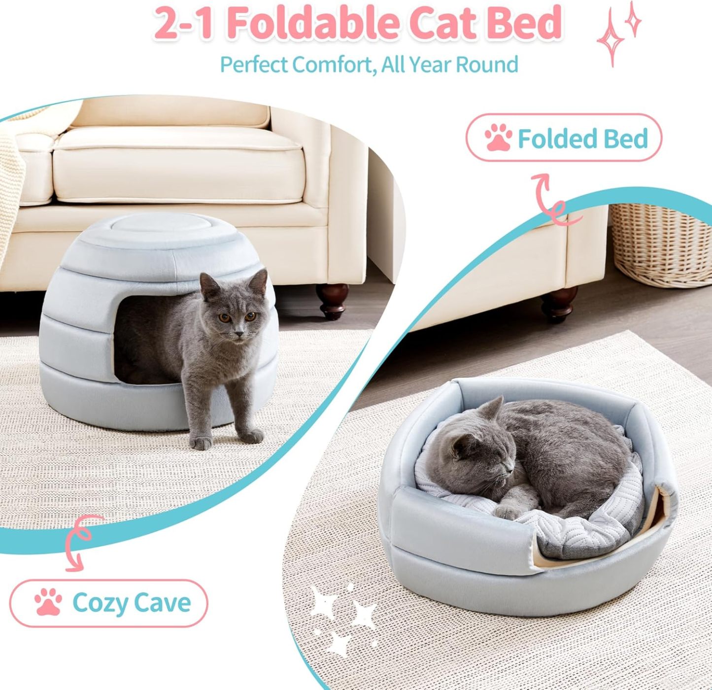 Cat Bed and House, 2-in-1 Foldable Cat Houses for Indoor Cats, Soft Velvet Cat Cave, Removable and Washable Cushion
