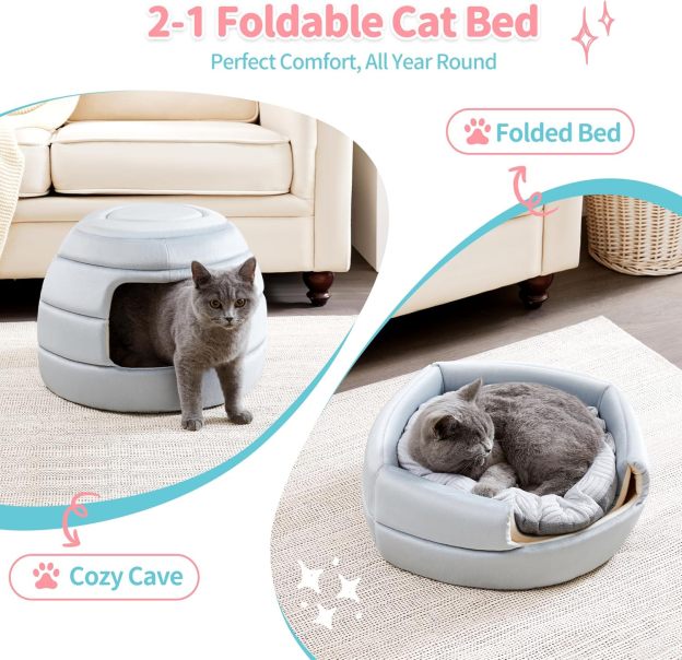Cat Bed and House, 2-in-1 Foldable Cat Houses for Indoor Cats, Soft Velvet Cat Cave, Removable and Washable Cushion