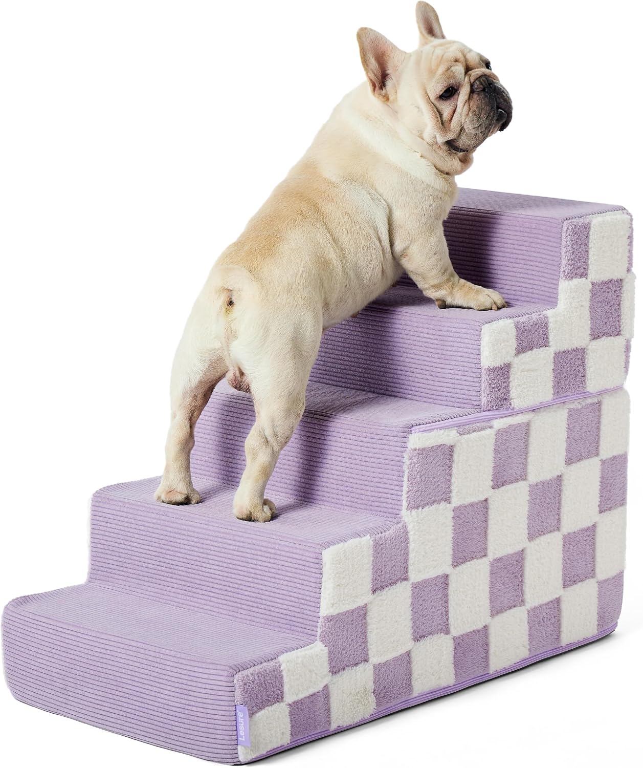 Dog Stairs for High Bed 22.5" H 5-Step Dog Steps for Couch Sofa and Chairs Foldable Foam Pet Stairs Jacquard Shaggy Plush for Small Dogs with Supporting Board and Non-Slip Bottom, Iris Purple