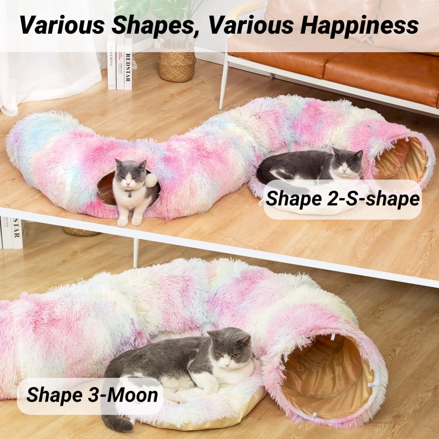 Warm Fluffy Plush Cat Dog Tunnel Bed with Washable Cushion-Big Tube Playground Toys 3 FT Diameter Longer Crinkle Collapsible 3 Way, for Indoor Cat Kitty Kitten Puppy Rabbit Ferret Rainbow