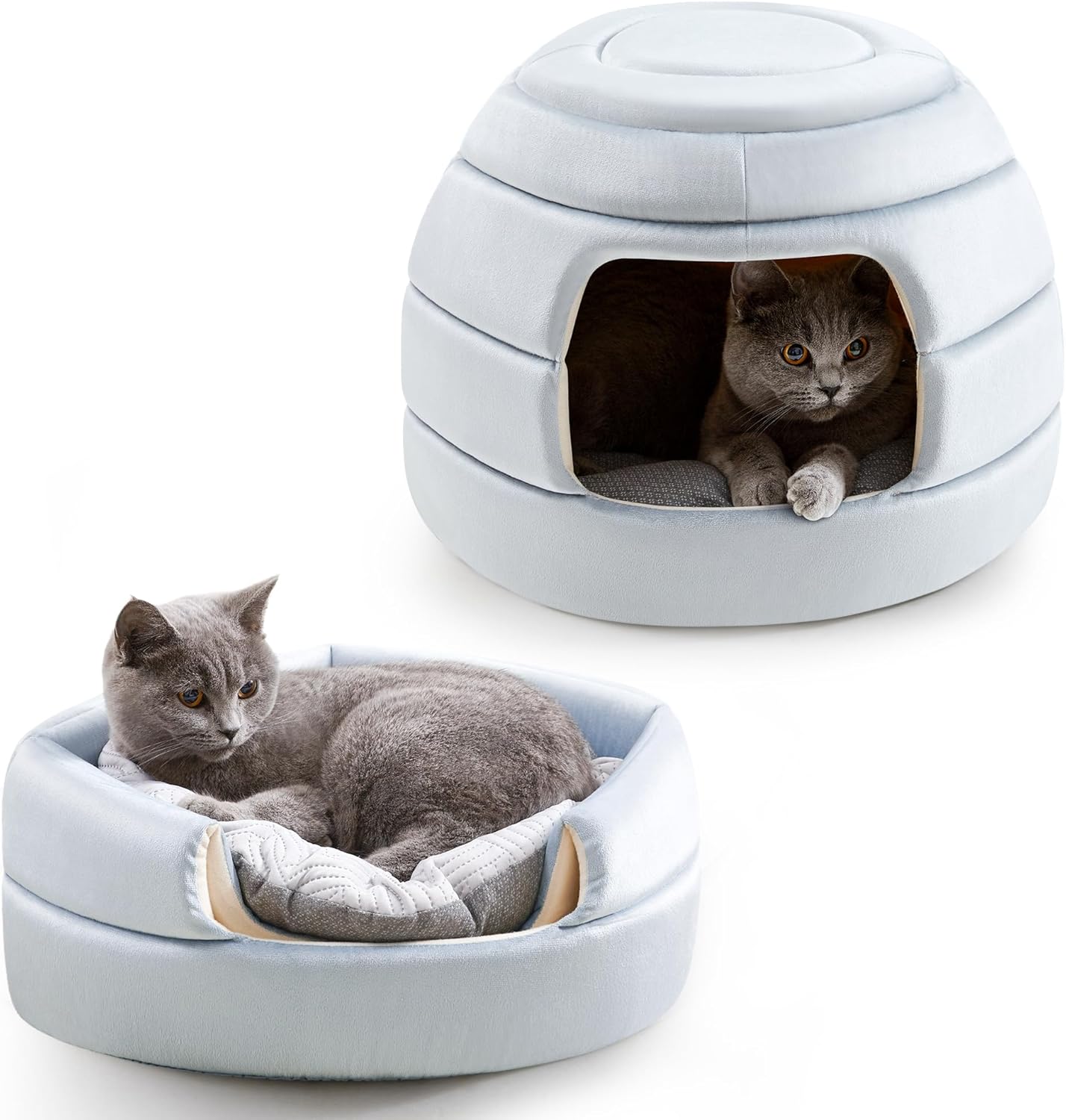 Cat Bed and House, 2-in-1 Foldable Cat Houses for Indoor Cats, Soft Velvet Cat Cave, Removable and Washable Cushion