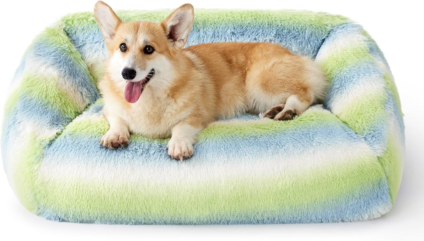 Dog Bed Medium Size - Cute Furry Calming Puppy Beds, Rectangle Washable Indoor Pet Beds with Removable Zipper Cover, 35x25x11inches, Green Stripe