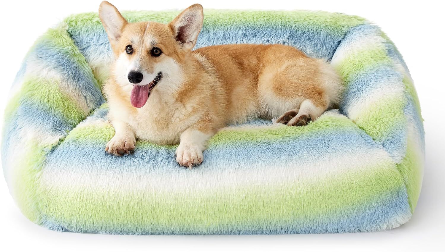 Dog Bed Medium Size - Cute Furry Calming Puppy Beds, Rectangle Washable Indoor Pet Beds with Removable Zipper Cover, 35x25x11inches, Green Stripe