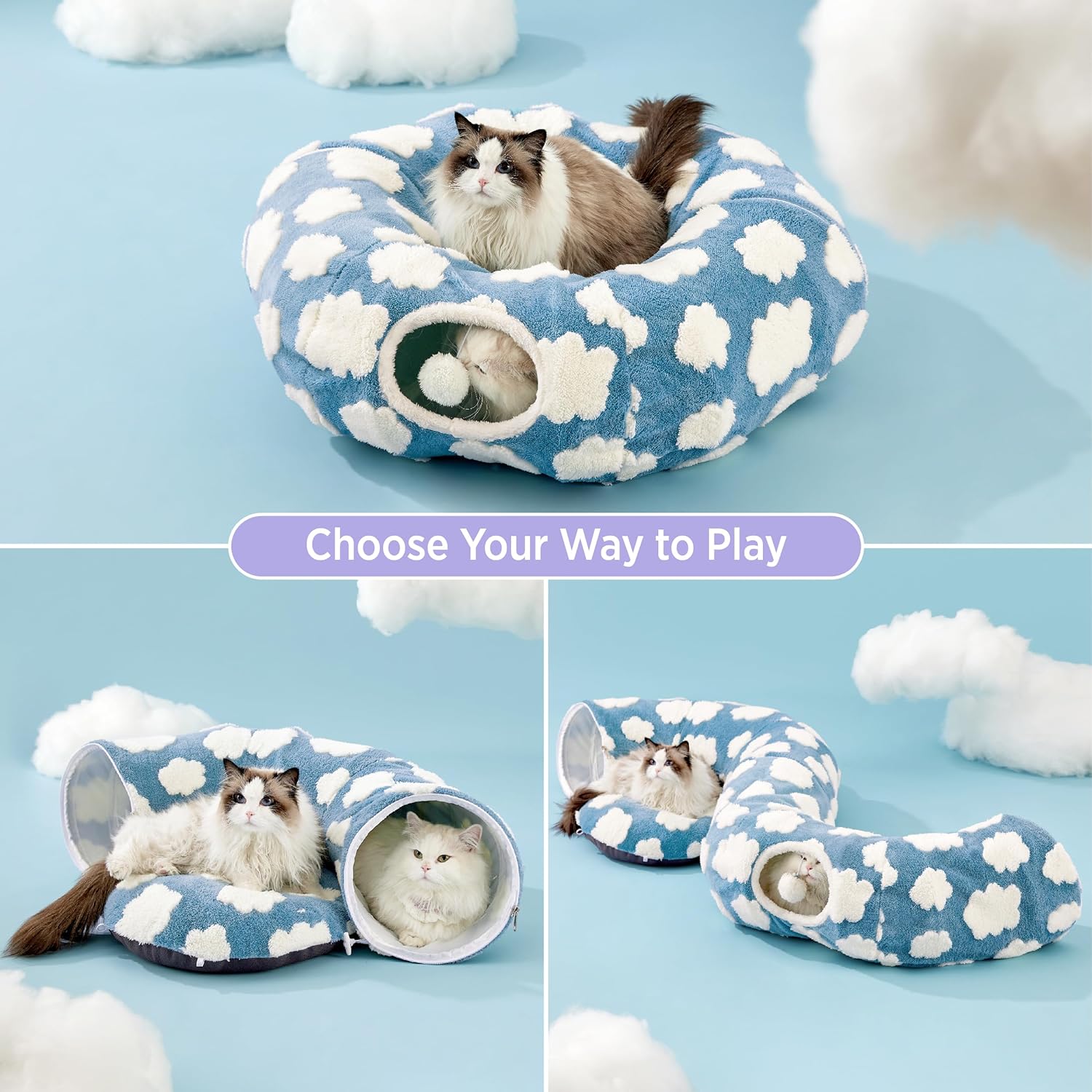 Cat Tunnel Bed for Indoor Cats - Cute Cat Donut Tunnel with Washable Circle Cushion, Round Pet Play Tunnel, 33.5"L x 33.5"W x 10"Th