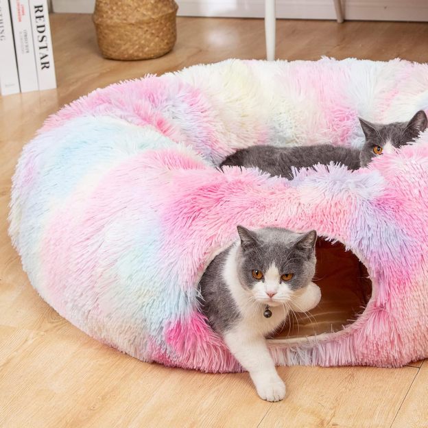 Warm Fluffy Plush Cat Dog Tunnel Bed with Washable Cushion-Big Tube Playground Toys 3 FT Diameter Longer Crinkle Collapsible 3 Way, for Indoor Cat Kitty Kitten Puppy Rabbit Ferret Rainbow