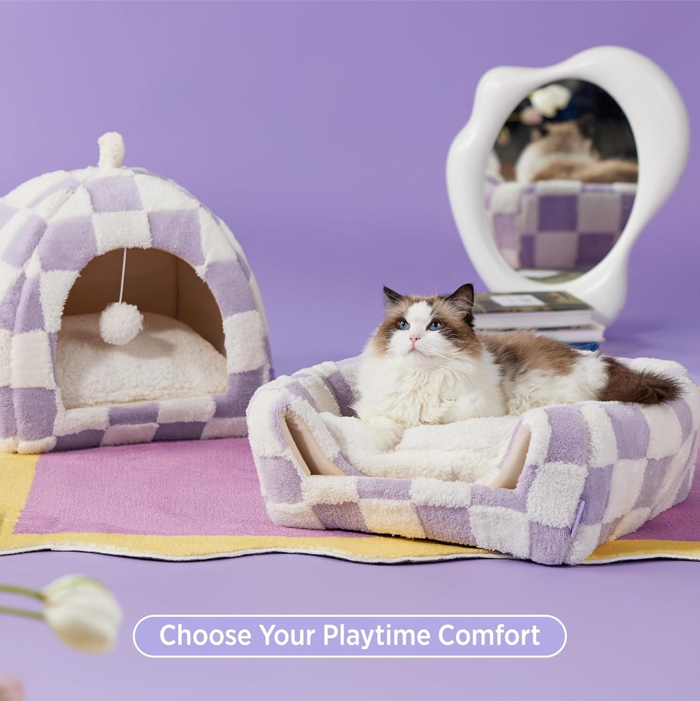 Cute Cat Beds for Indoor Cats - 2 in 1 Cat Cave Bed for Large Cats, Cat House with Removable Washable Cushioned Pillow, Cozy Cat Tent House with Non-Slip Bottom, Purple, 17.3 inches