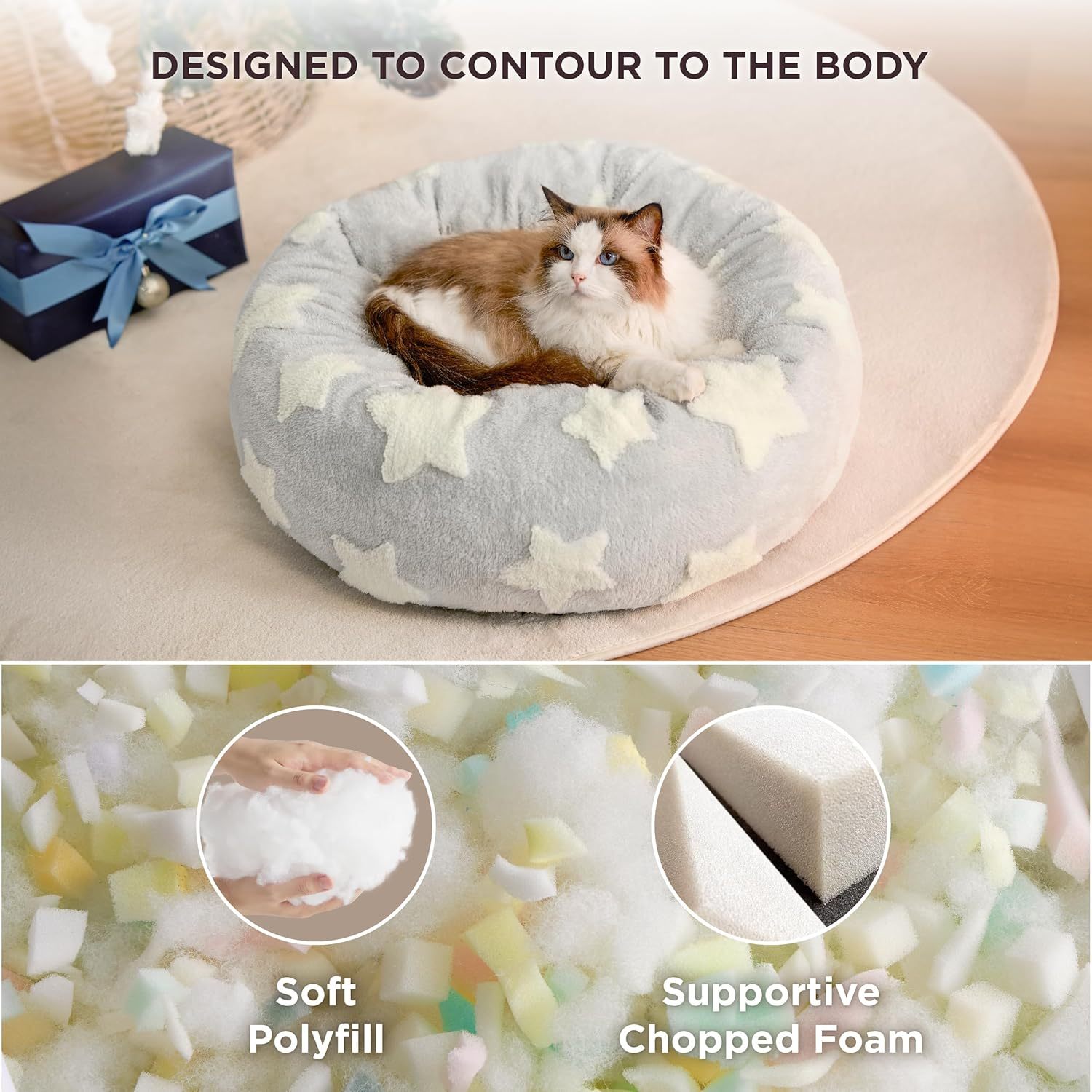 Donut Small Dog Bed - Round Cat Beds for Indoor Cats Anti-Anxiety Calming Pet Beds, Washable Cute Modern Beds with Teddy Sherpa Plush & Anti Slip Bottom, 20 Inch, Galaxy Grey