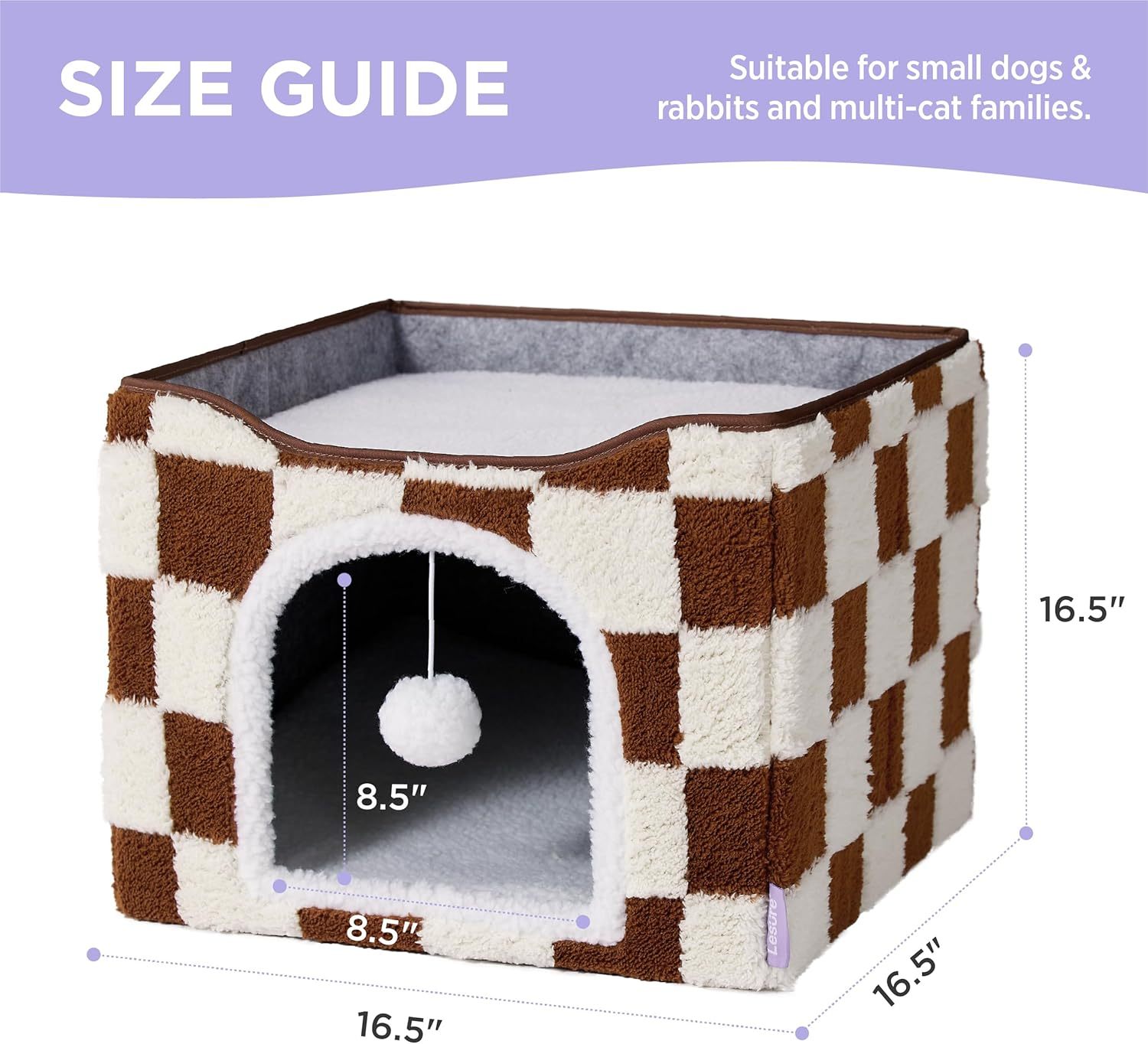 Cat Beds for Indoor Cats Cube House- Large Cat Cave for Pet Cat House with Fluffy Ball Hanging, Foldable Cat Hideaway, 16.5x16.5x13 inches, Brown Checks