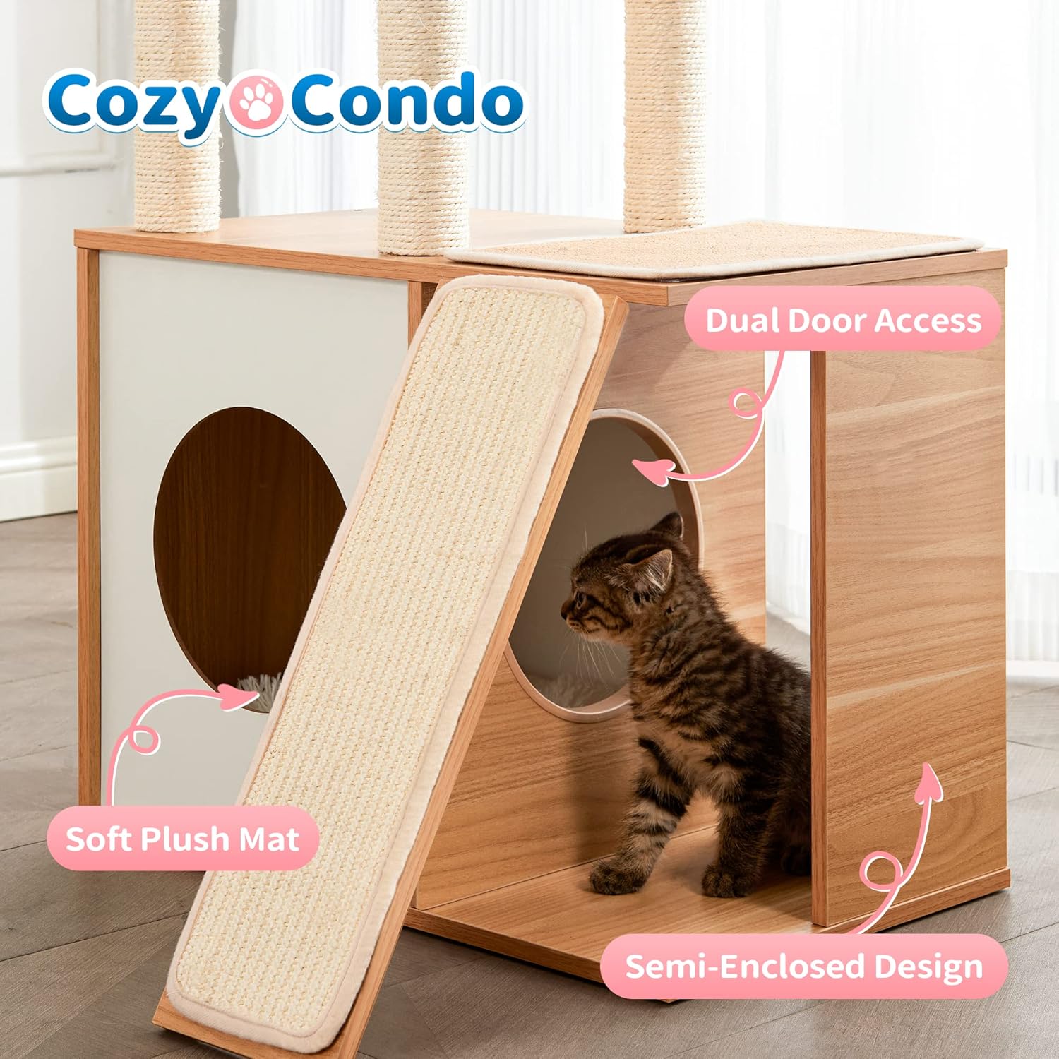 Cat Tree for Indoor Cats, Modern Cat Tower Tall for Large Cats Kitten, Wood Kitty Condo Climbing Furniture Heavy Duty, Vesper Cute Castle with Scratching Post and Ramp