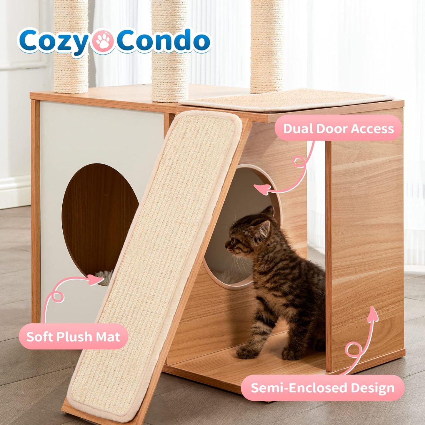 Cat Tree for Indoor Cats, Modern Cat Tower Tall for Large Cats Kitten, Wood Kitty Condo Climbing Furniture Heavy Duty, Vesper Cute Castle with Scratching Post and Ramp