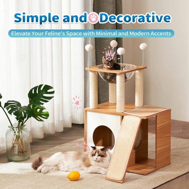Cat Tree for Indoor Cats, Modern Cat Tower Tall for Large Cats Kitten, Wood Kitty Condo Climbing Furniture Heavy Duty, Vesper Cute Castle with Scratching Post and Ramp