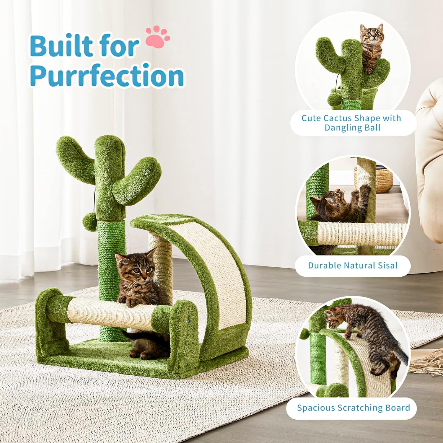Cat Scratching Post, Cactus Scratcher Tree for Indoor Small Cats, Adult Kitten Scratch Pad with Natural Sisal Ropes