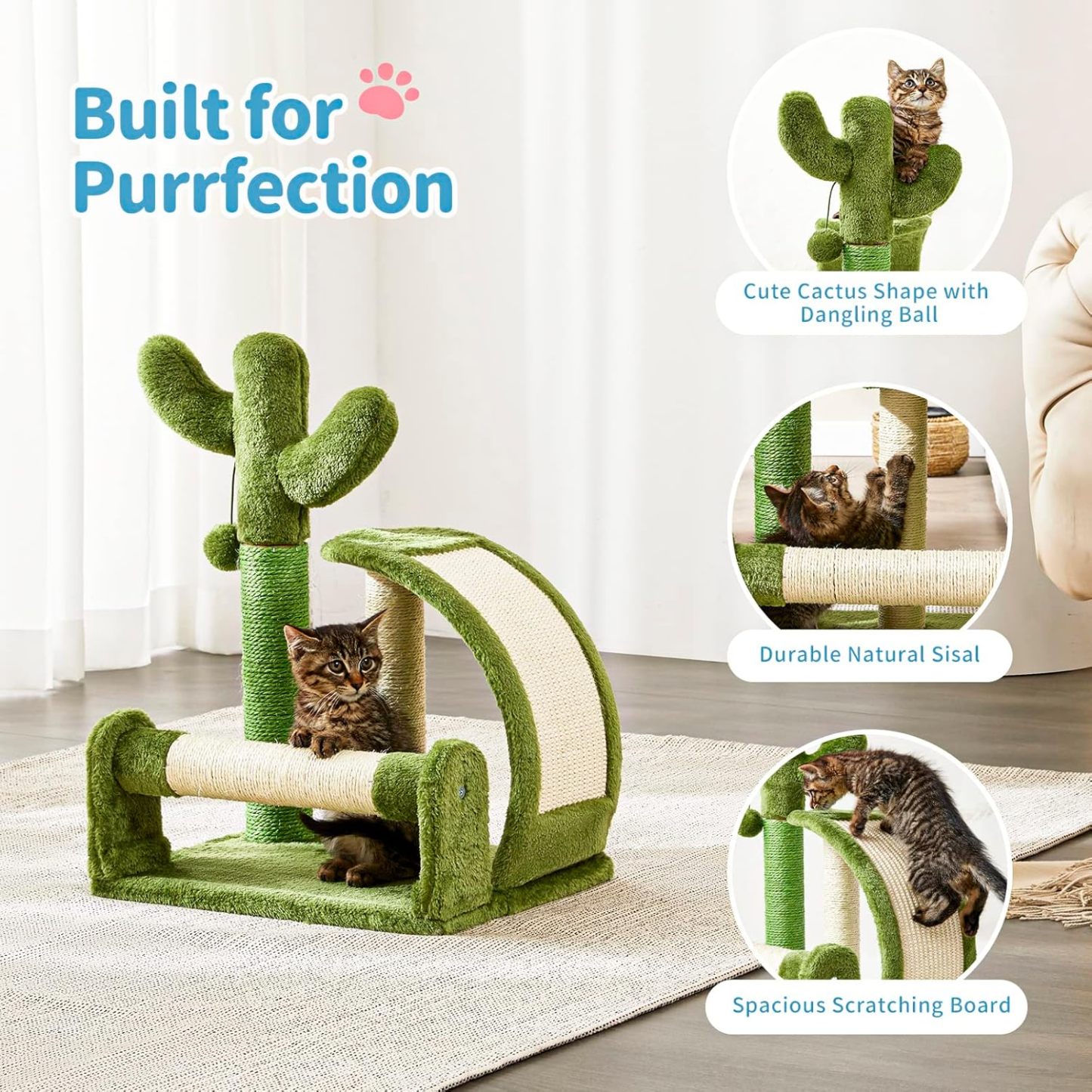 Cat Scratching Post, Cactus Scratcher Tree for Indoor Small Cats, Adult Kitten Scratch Pad with Natural Sisal Ropes