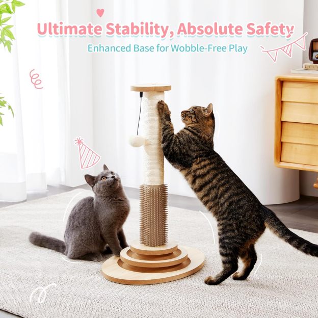 Cat Scratching Post, 23" Tall Sisal Cat Scratcher Post with Cat Self Groomer, 4-in-1 Interactive Trackball Toys with Cat Hair Brush