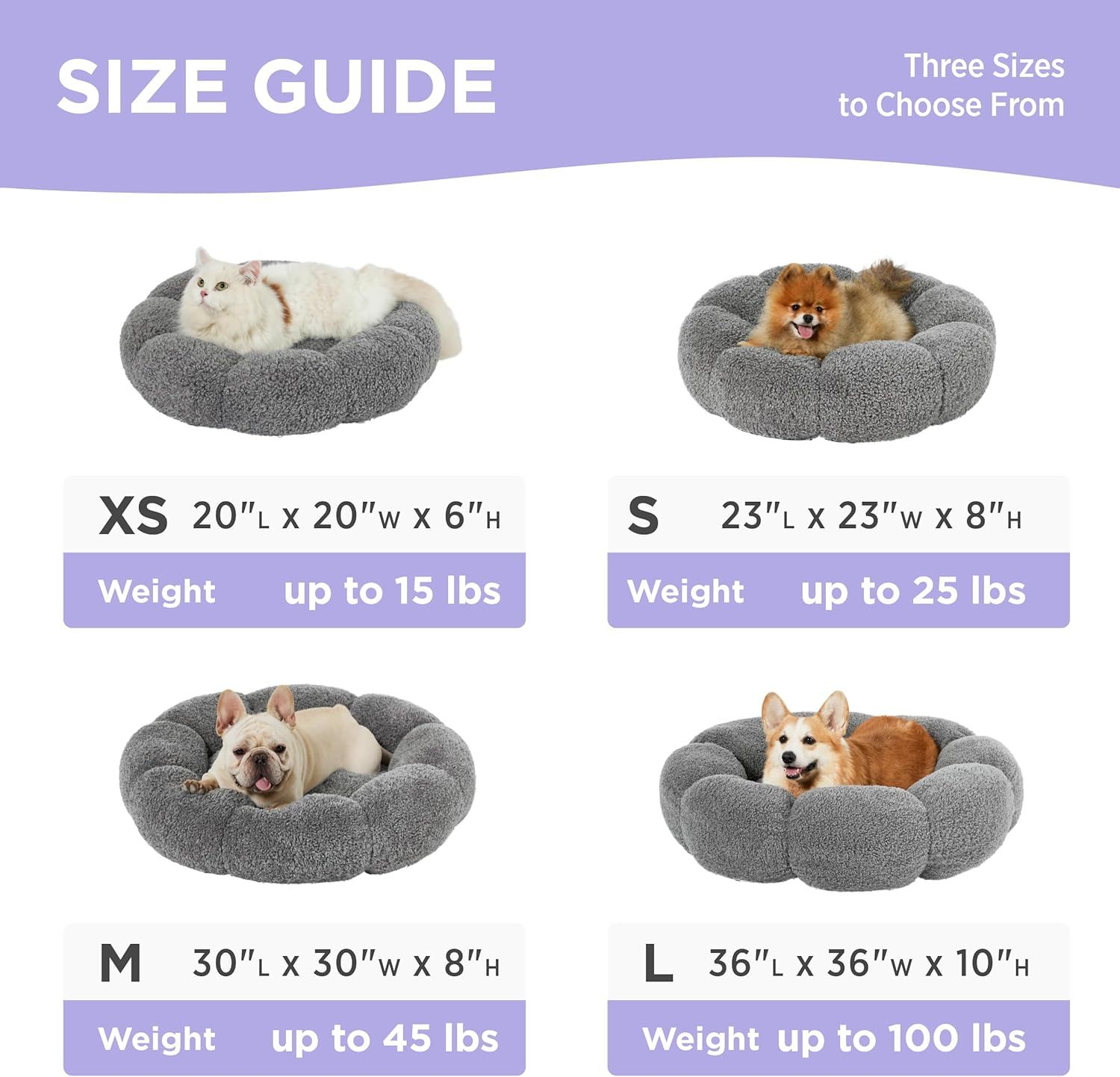 Calming Cat Beds for Indoor Cats - Cute Flower Pet Beds in Teddy Sherpa Plush, Donut Round Fluffy Puppy Bed, Non-Slip Extra Small Dog Bed Fits up to 15 lbs, Machine Washable, Grey 20"