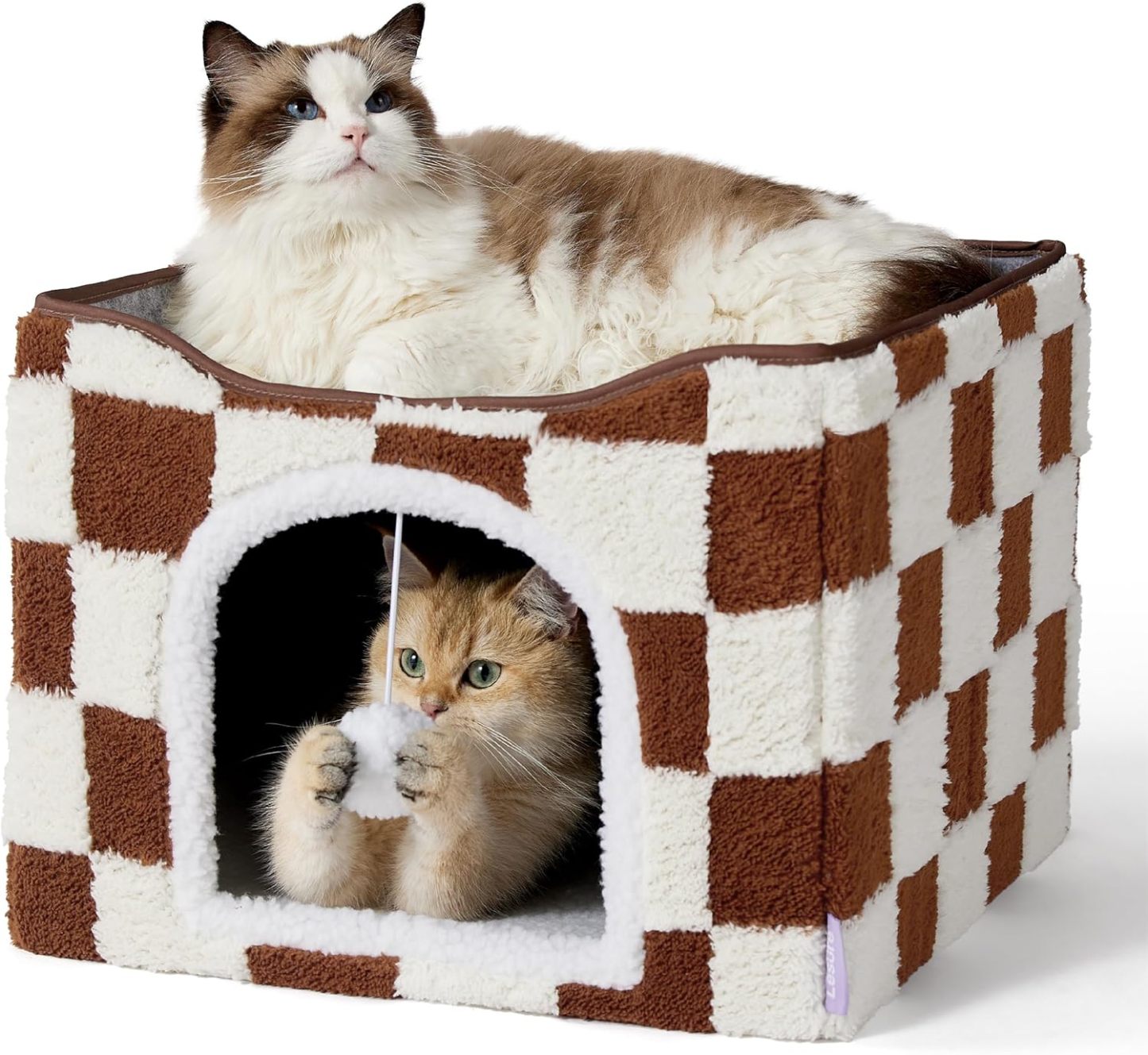 Cat Beds for Indoor Cats Cube House- Large Cat Cave for Pet Cat House with Fluffy Ball Hanging, Foldable Cat Hideaway, 16.5x16.5x13 inches, Brown Checks