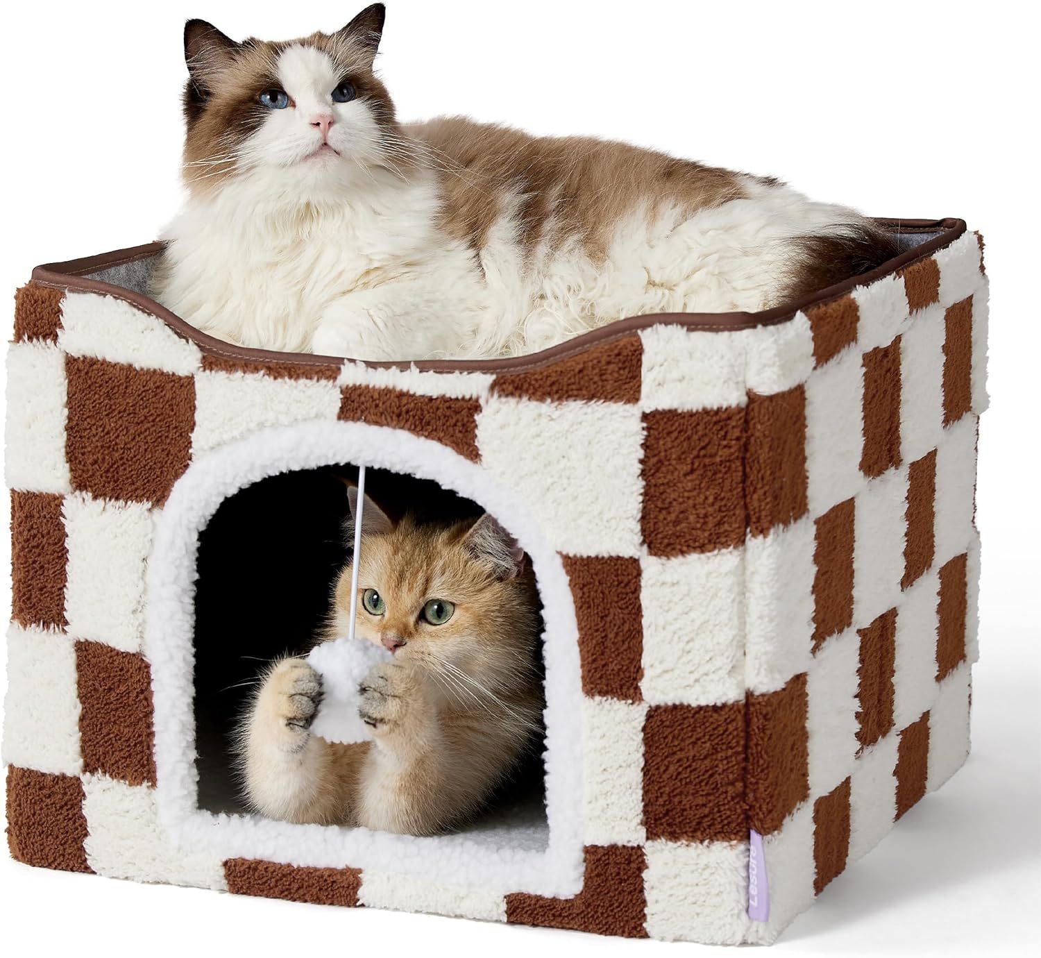 Cat Beds for Indoor Cats Cube House- Large Cat Cave for Pet Cat House with Fluffy Ball Hanging, Foldable Cat Hideaway, 16.5x16.5x13 inches, Brown Checks