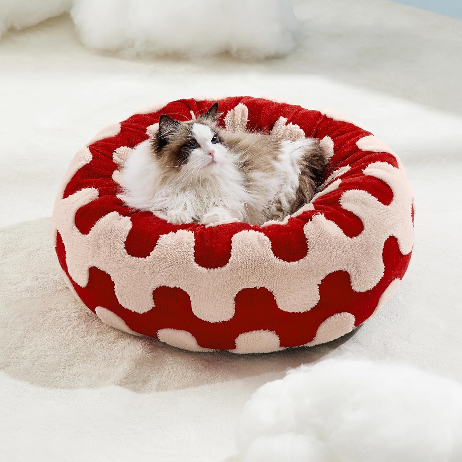 Donut Small Dog Bed - Round Cat Beds for Indoor Cats Anti-Anxiety Calming Pet Beds, Washable Cute Modern Beds with Teddy Sherpa Plush & Anti Slip Bottom Red