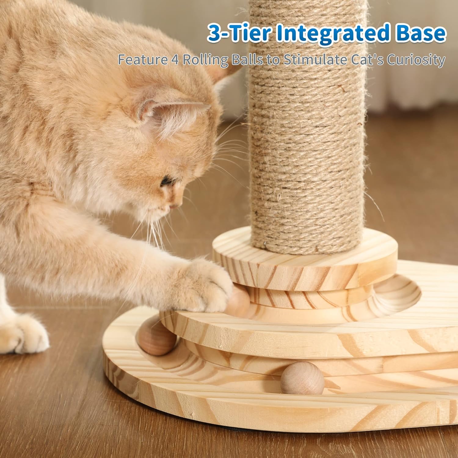 Cat Scratching Post, Cat Self Groomer for Indoor Cats, Cloud Soft Perch for Rest, 17.5" Tall Natural Sisal Scratcher Cat Grooming Interactive Ball Track Toys for Small Cats Kittens