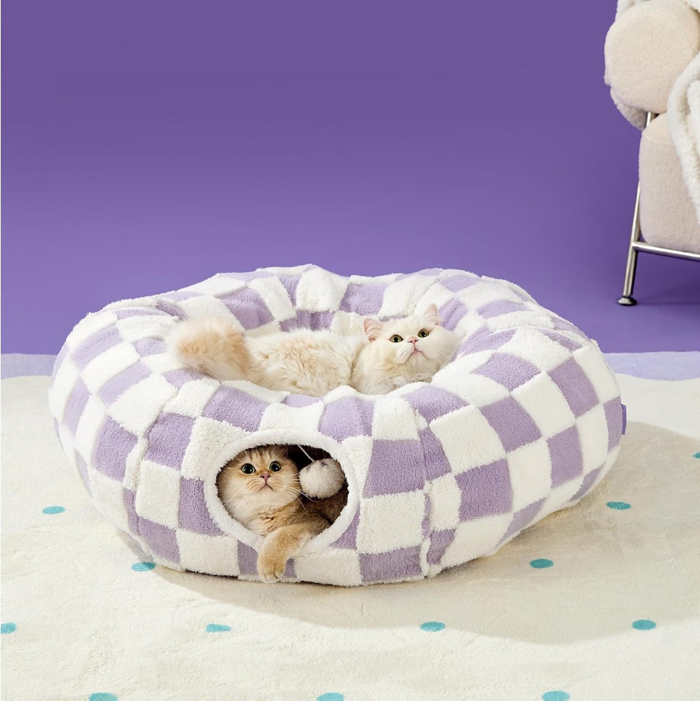Cat Tunnel Bed for Indoor Cats - Cute Cat Donut Tunnel with Washable Circle Cushion, Round Pet Play Tunnel Toy for Kitten/Puppy/Rabbit,Purple