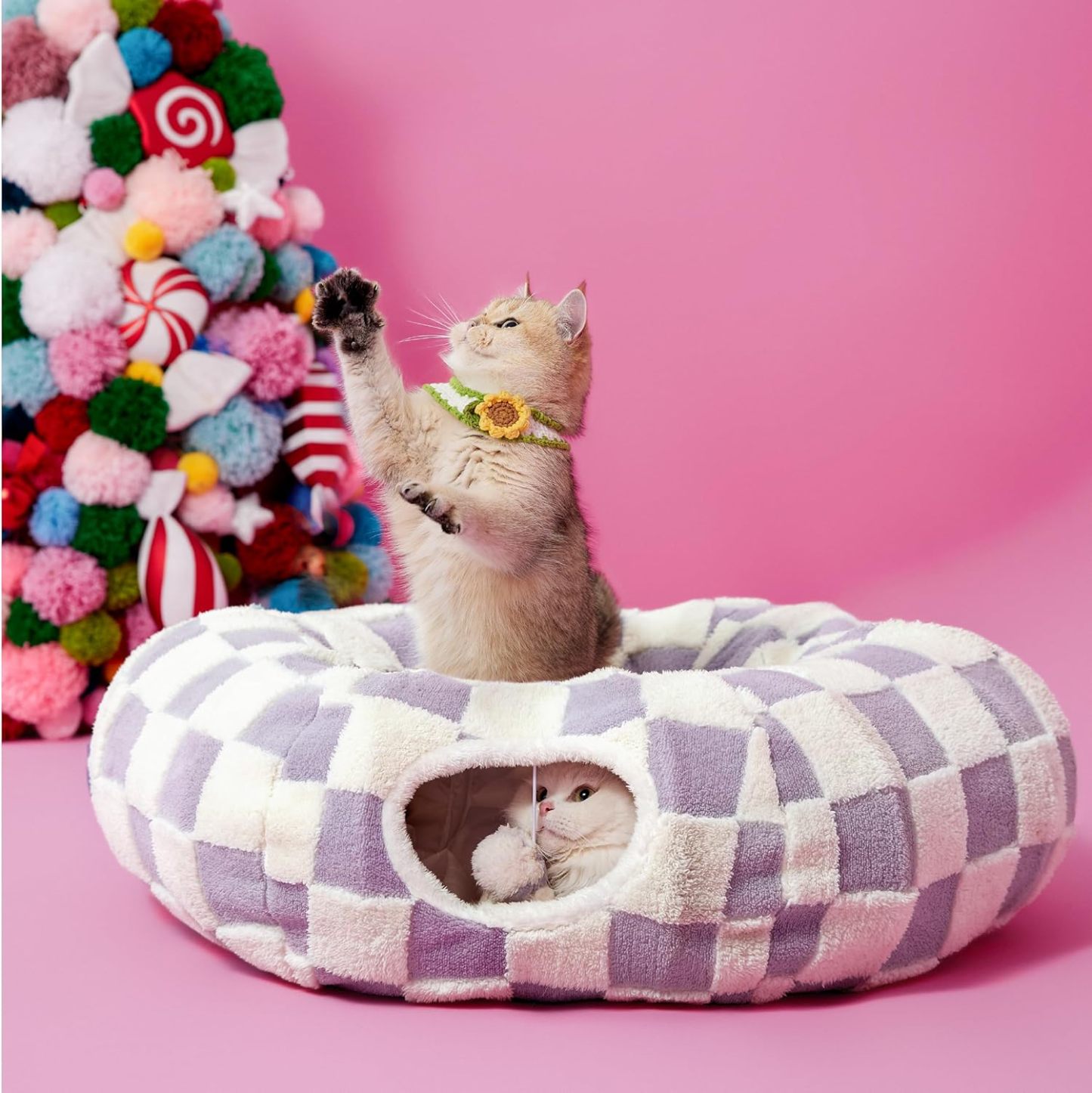 Cat Tunnel Bed for Indoor Cats - Cute Cat Donut Tunnel with Washable Circle Cushion, Round Pet Play Tunnel Toy for Kitten/Puppy/Rabbit,Purple