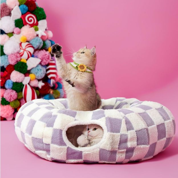 Cat Tunnel Bed for Indoor Cats - Cute Cat Donut Tunnel with Washable Circle Cushion, Round Pet Play Tunnel Toy for Kitten/Puppy/Rabbit,Purple