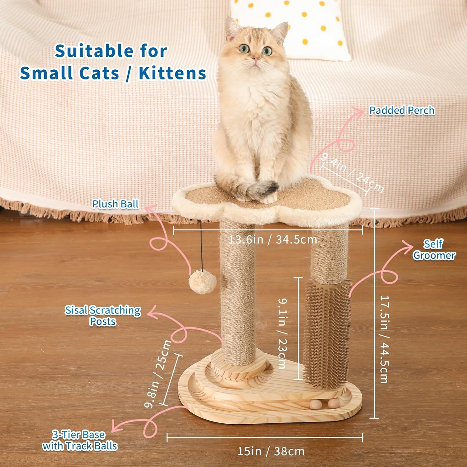 Cat Scratching Post, Cat Self Groomer for Indoor Cats, Cloud Soft Perch for Rest, 17.5" Tall Natural Sisal Scratcher Cat Grooming Interactive Ball Track Toys for Small Cats Kittens
