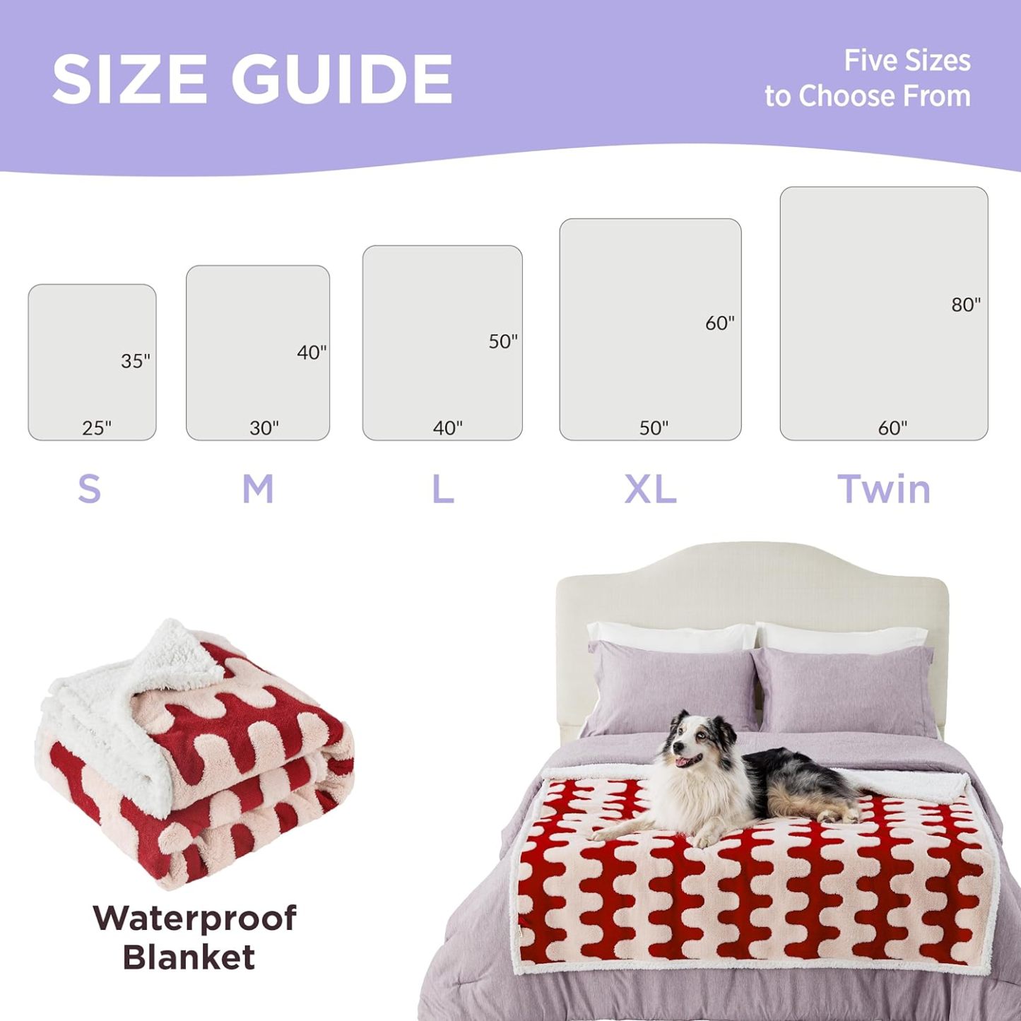 Waterproof Dog Blanket for Medium Dogs - Washable Double Sided Dog Blankets with Warm Jacquard Shag and Soft Sherpa Fleece