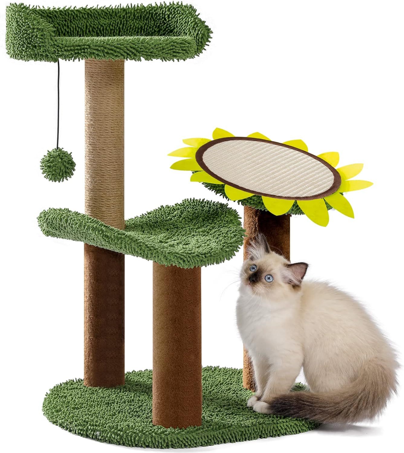 Cactus Cat Tree, Green Cat Tower with Plush Perch for Small Indoor Kittens, Cat Scratcher with 2 Levels Platform for Kitty