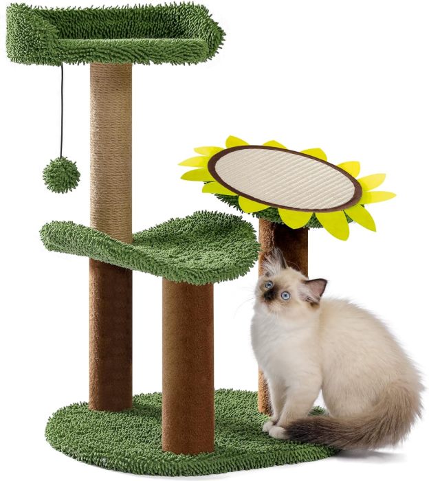 Cactus Cat Tree, Green Cat Tower with Plush Perch for Small Indoor Kittens, Cat Scratcher with 2 Levels Platform for Kitty